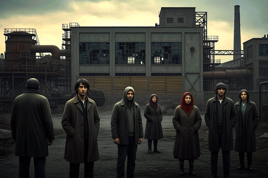 Gloomy,Day,,Sad,People,,Closed,Factory,,Dark,Clouds,,Somber,Atmosphere,