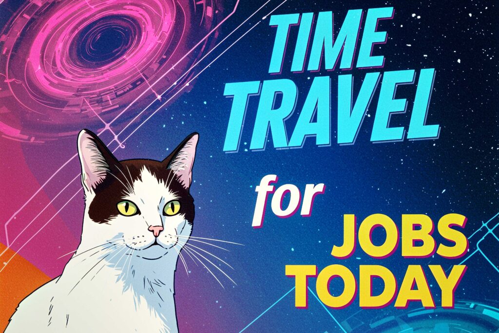 "time,Travel,For,Jobs,Today",Featuring,A,White,Cat,With