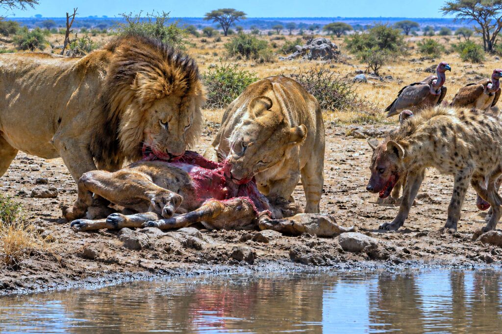 Wild,Animals,Feasting,On,Smaller,Ones,Near,Water,In,A