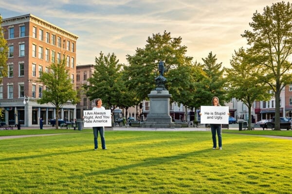 Green,Town,Commons,,Few,People,Holding,Blank,Signs,,Partly,Cloudy