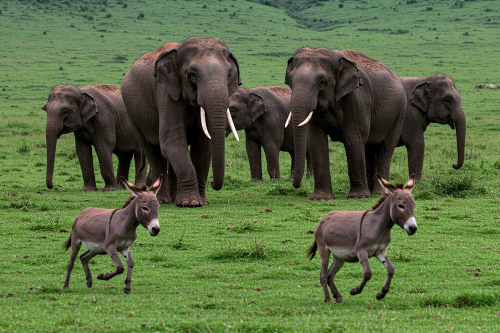 Elephants,Dominating,Donkeys,,Photorealistic,Style,,Lush,Green,Valley,,Cloudy,Day,